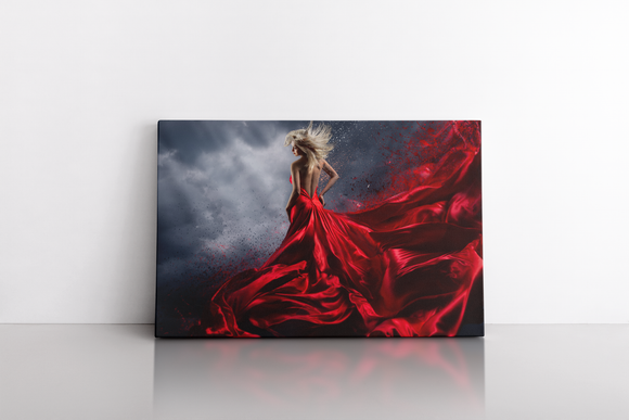 Woman in Red Dress over Storm Sky
