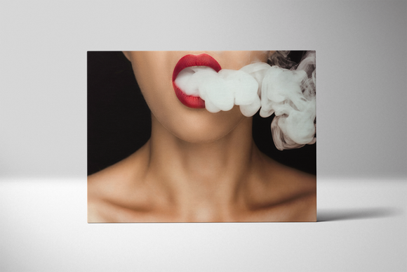 Naked Woman with Red Lips Blowing Smoke